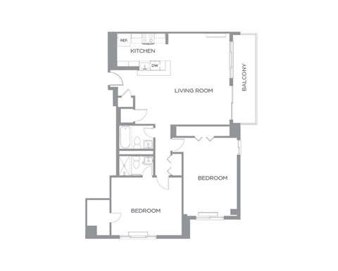 Floor plan for 2 beds, 2 baths, 905 sqft